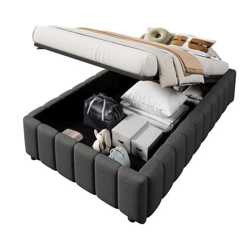 Lit Coffre Enfant 90x200cm En Lin Gris, Lit Simple Avec Rangement Et Sommier