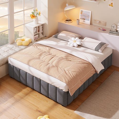 Lit Coffre Adulte 140x200cm En Lin Gris, Lit Double Avec Rangement Et Sommier