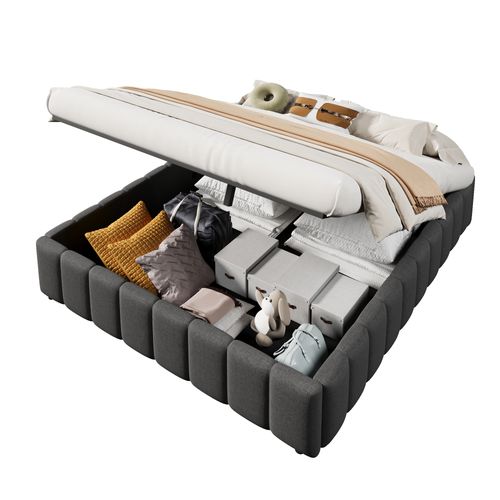 Lit Coffre Adulte 140x200cm En Lin Gris, Lit Double Avec Rangement Et Sommier