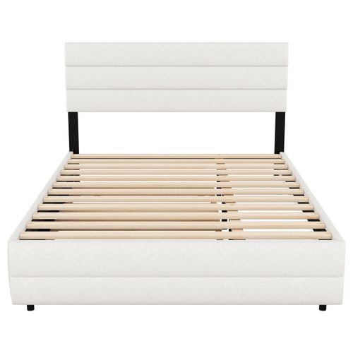 Lit Adulte 140x200cm Avec Lit Gigogne, 2 Tiroirs, Tête De Lit Réglable Et Sommiers, Lin Beige