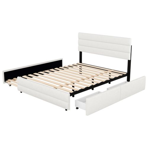 Lit Adulte 140x200cm Avec Lit Gigogne, 2 Tiroirs, Tête De Lit Réglable Et Sommiers, Lin Beige