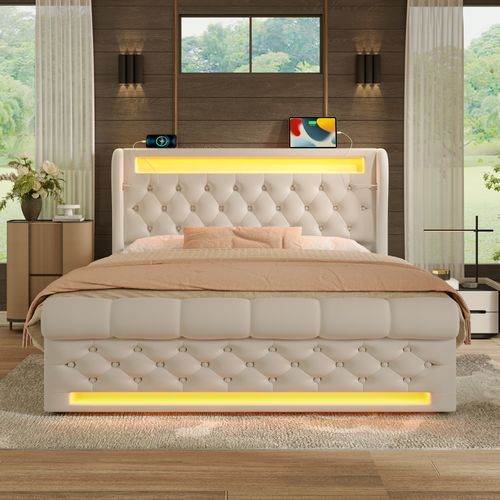 Lit Coffre LED 140x200cm Avec Sommier Et Rangement, Port USB,type-c, Velours, Beige
