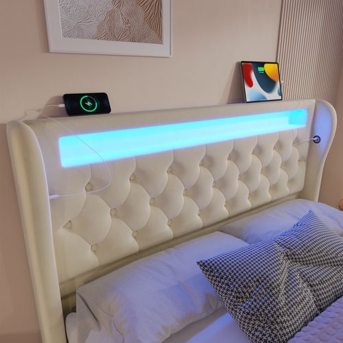 Lit Coffre Adulte 160x200cm Avec LED, USB-c Et Sommier Relevable, Velours, Beige