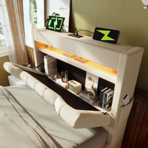 Lit Coffre Enfant 90x200cm Avec LED, Ports USB Et Tête De Lit De Rangement, En Lin Beige