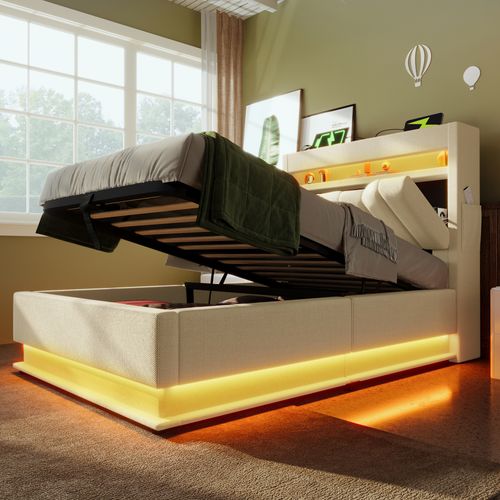 Lit Coffre Enfant 90x200cm Avec LED, Ports USB Et Tête De Lit De Rangement, En Lin Beige