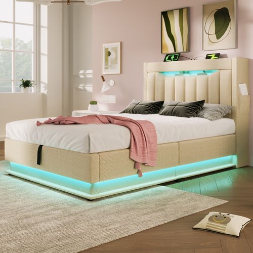 Lit Coffre Enfant 90x200cm Avec LED, Ports USB Et Tête De Lit De Rangement, En Lin Beige