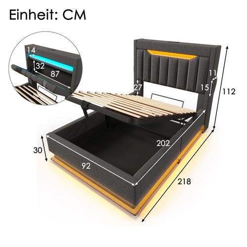 Lit Coffre Enfant 90x200cm Avec LED, Ports USB Et Tête De Lit De Rangement, En Lin Gris