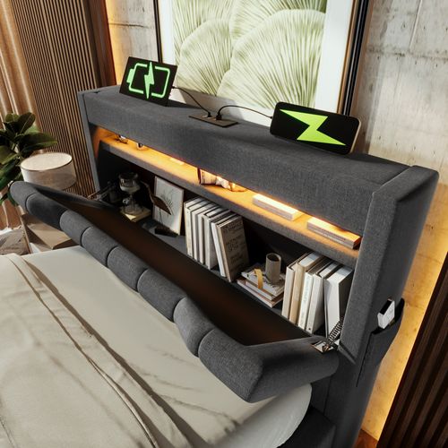 Lit Coffre Enfant 90x200cm Avec LED, Ports USB Et Tête De Lit De Rangement, En Lin Gris