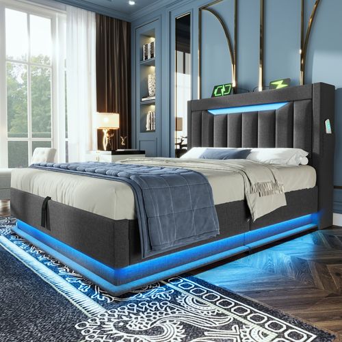 Lit Coffre Enfant 90x200cm Avec LED, Ports USB Et Tête De Lit De Rangement, En Lin Gris