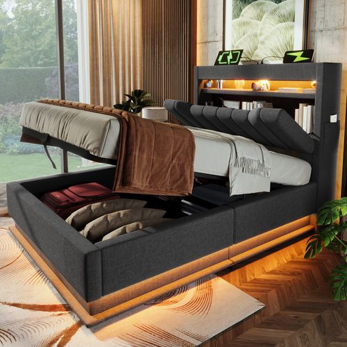 Lit Coffre Enfant 90x200cm Avec LED, Ports USB Et Tête De Lit De Rangement, En Lin Gris