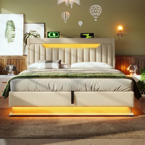 Lit Coffre Adulte 140x200cm Avec LED, Ports USB Et Tête De Lit De Rangement, En Lin Beige