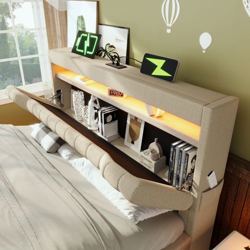 Lit Coffre LED 180x200cm USB-c, Tête De Lit De Rangement Et Sommier Relevable, Lin, Beige