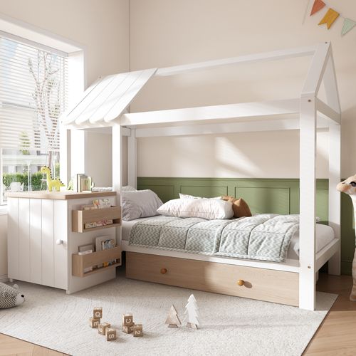 Lit Cabane Enfant 90x200cm Avec Tiroir Et Chevet En Pin Blanc Et Chêne, Sommier Et Rangement