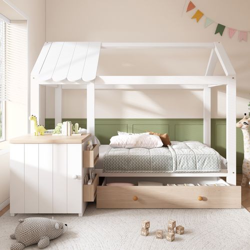 Lit Cabane Enfant 90x200cm Avec Tiroir Et Chevet En Pin Blanc Et Chêne, Sommier Et Rangement