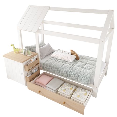 Lit Cabane Enfant 90x200cm Avec Tiroir Et Chevet En Pin Blanc Et Chêne, Sommier Et Rangement