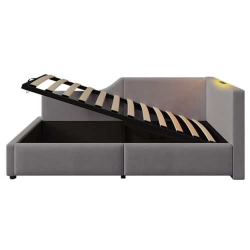Lit Coffre 90x200cm, Lit Banquette Avec Lampe De Lecture Et Port USB-c, Velours, Gris