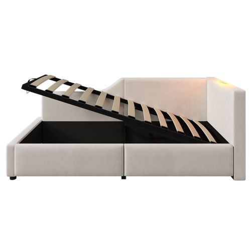 Lit Coffre 90x200cm, Lit Banquette Avec Lampe De Lecture Et Port USB-c, Velours, Beige