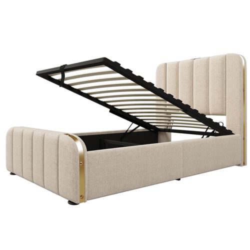 Lit Coffre Enfant 90x200cm Avec Port USB-c Et Sommier Relevable, Lin, Beige