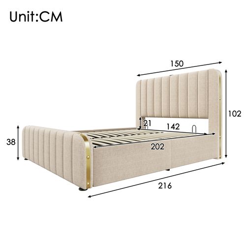Lit Coffre Adulte 140x200cm Avec Port USB-c Et Sommier Relevable, Lin, Beige