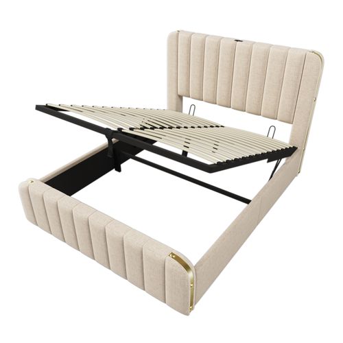 Lit Coffre Adulte 140x200cm Avec Port USB-c Et Sommier Relevable, Lin, Beige