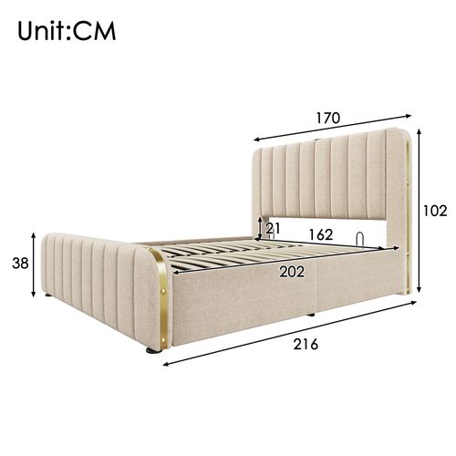 Lit Coffre Adulte 160x200cm Avec Port USB-c Et Sommier Relevable, Lin, Beige