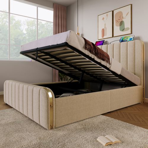 Lit Coffre Adulte 160x200cm Avec Port USB-c Et Sommier Relevable, Lin, Beige
