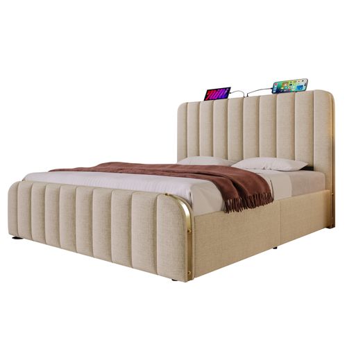 Lit Coffre Adulte 160x200cm Avec Port USB-c Et Sommier Relevable, Lin, Beige