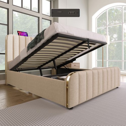 Lit Coffre Adulte 160x200cm Avec Port USB-c Et Sommier Relevable, Lin, Beige