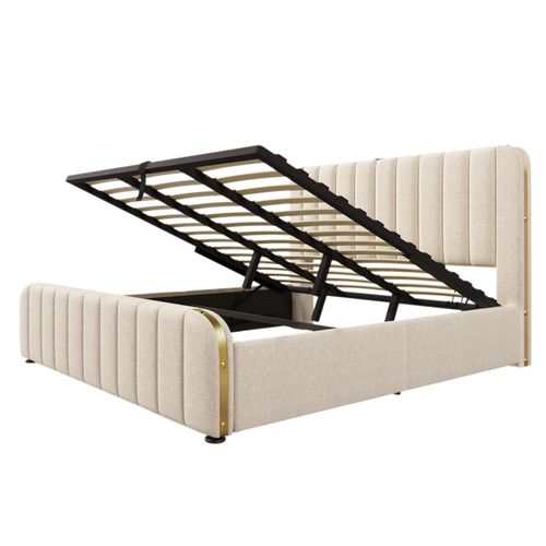 Lit Coffre Adulte 180x200cm Avec Port USB-c Et Sommier Relevable, Lin, Beige