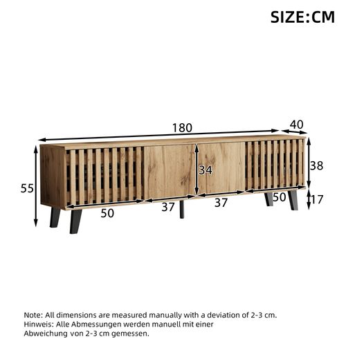 Meuble TV Couleur Bois 180 Cm, Compartiments De Rangement, Salon