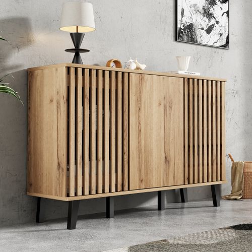 Buffet De Cuisine 150x40x95cm, Rangement, 3 Portes, Couleur Bois