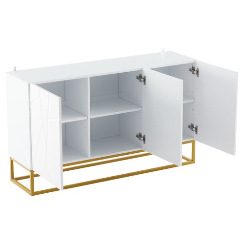 Buffet Blanc Brillant Avec 4 Compartiments De Rangement, 130x35x76cm