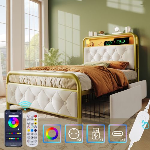 Lit Enfant LED 90x200cm Avec Prises,usb-c, Sommier Et Rangement De Tiroirs, Velours, Blanc