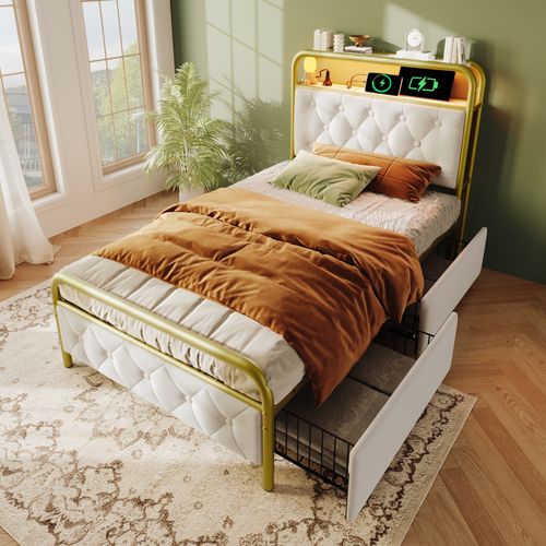 Lit Enfant LED 90x200cm Avec Prises,usb-c, Sommier Et Rangement De Tiroirs, Velours, Blanc