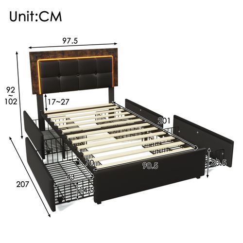 Lit Enfant Simple 90x200cm Avec LED Et 4 Tiroirs, Pu, Noir