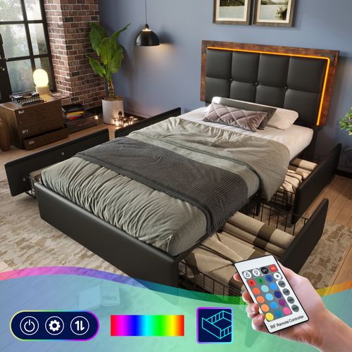 Lit Enfant Simple 90x200cm Avec LED Et 4 Tiroirs, Pu, Noir