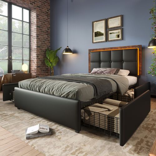 Lit Enfant Simple 90x200cm Avec LED Et 4 Tiroirs, Pu, Noir