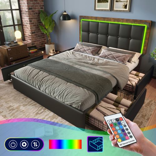 Lit Adulte Double 140x200cm Avec LED Et 4 Tiroirs, Pu, Noir