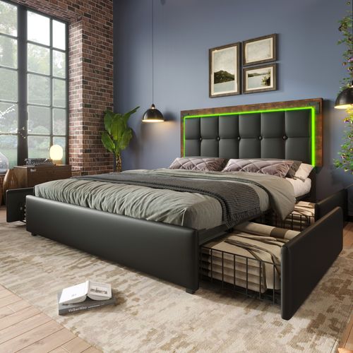 Lit Adulte Double 140x200cm Avec LED Et 4 Tiroirs, Pu, Noir