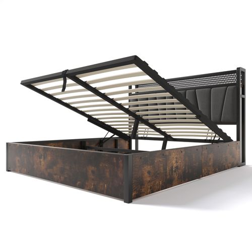 Lit Coffre LED 140x200cm En Lin Gris, Avec Prises Et Ports USB, Sommier Relevable