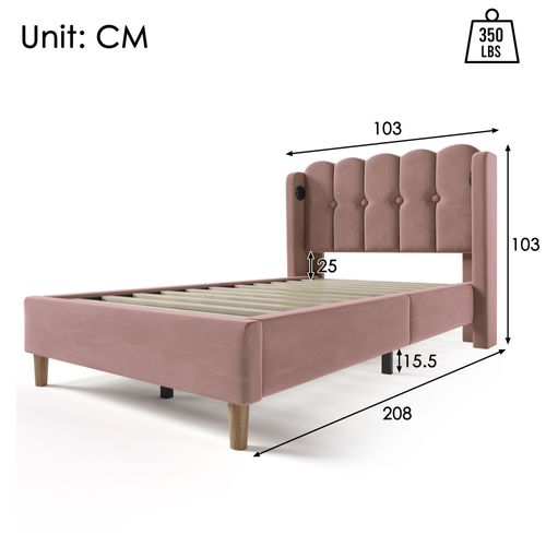 Lit Enfant 90x200cm En Velours Rose Avec Ports USB-c Et Tête De Lit Avec Oreilles