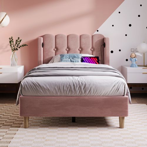 Lit Enfant 90x200cm En Velours Rose Avec Ports USB-c Et Tête De Lit Avec Oreilles