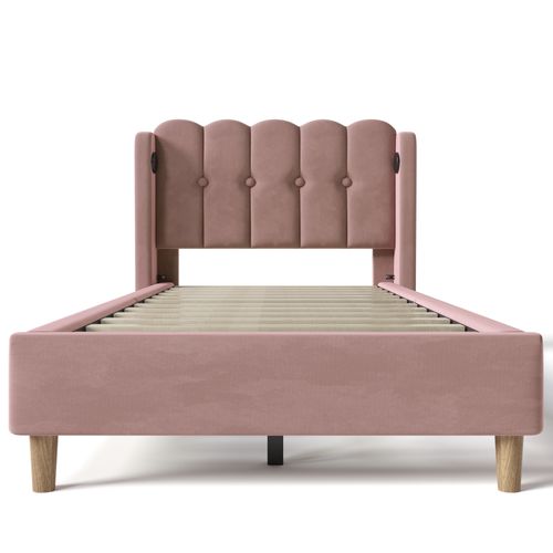 Lit Enfant 90x200cm En Velours Rose Avec Ports USB-c Et Tête De Lit Avec Oreilles