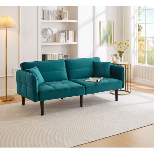 Canapé 2 Places, Canapé Droit, Accoudoirs Et Dossier Réglables, Velours, Bleu Vert