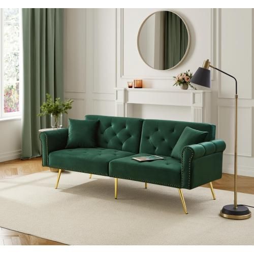 Canapé 2 Places, Canapé Droit Avec Pieds En Métal Doré, Dossier Réglable, Décor Rivet, Velours, Vert