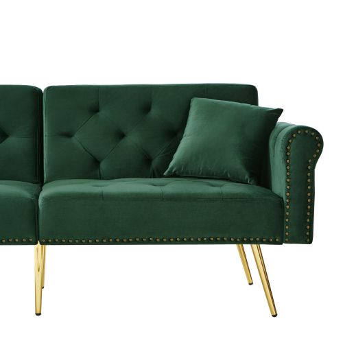 Canapé 2 Places, Canapé Droit Avec Pieds En Métal Doré, Dossier Réglable, Décor Rivet, Velours, Vert