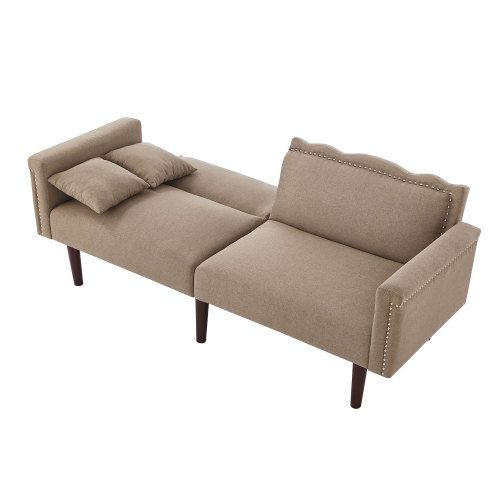 Canapé 2 Places, Canapé Droit Avec Double Dossier Réglable, Décor Rivet, Tissu Coton Et Lin, Marron