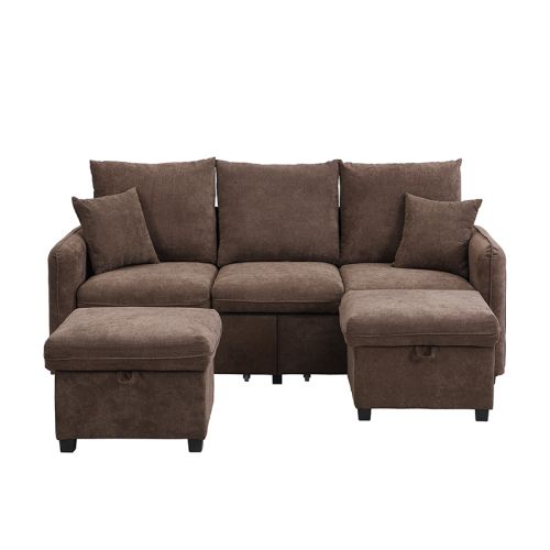 Canapé 3 Places, Canapé D'angle Droit En U Avec 2 Repose-pieds De Rangement, 2 Tiroirs, Marron Foncé