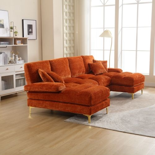 Canapé 4 Places, Canapé D'angle Fixe, Avec 2 Sièges Inclinables, En Chenille, Orange