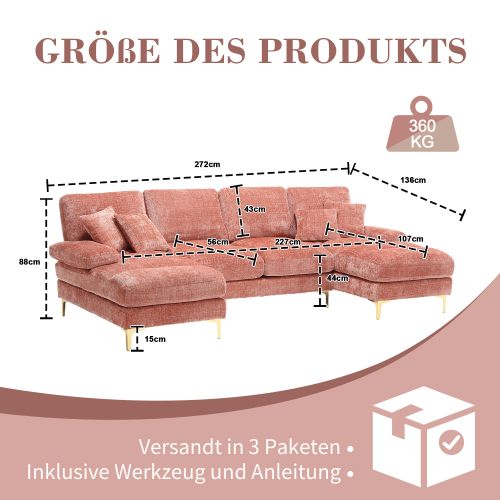 Canapé 4 Places, Canapé D'angle Fixe, Avec 2 Sièges Inclinables, En Chenille, Rose